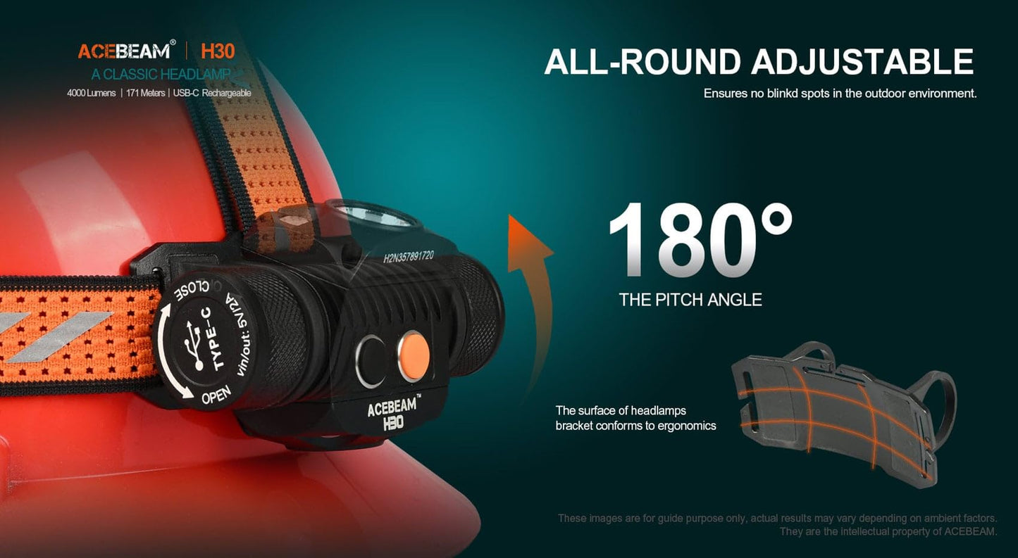 ACEBEAM H30 4000 Lumen Headlamp with Red & Green Auxiliary LEDs, 6500K Cool White, Detachable, IP68 Dust & Waterproof, Bundle with a USB Wall Plug