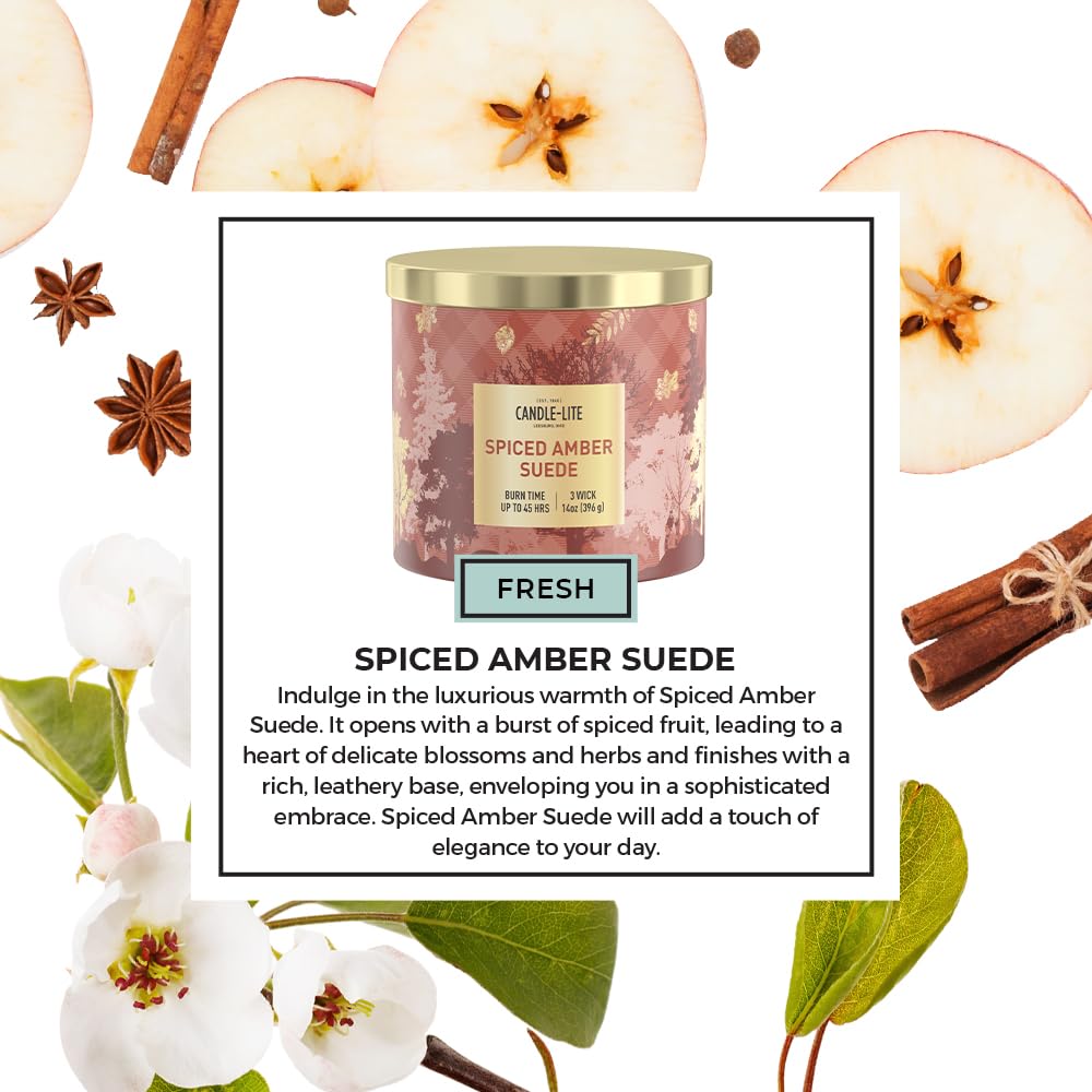 Candle-lite Fall Scented Candles, Amber with Leathered Musk and Spiced Cardamom, 14 oz 3-Wick Jar Candle, Proudly Poured in USA, Autumn Home Decor, 45 Hours of Burn Time, Ideal Gift for Men and Women