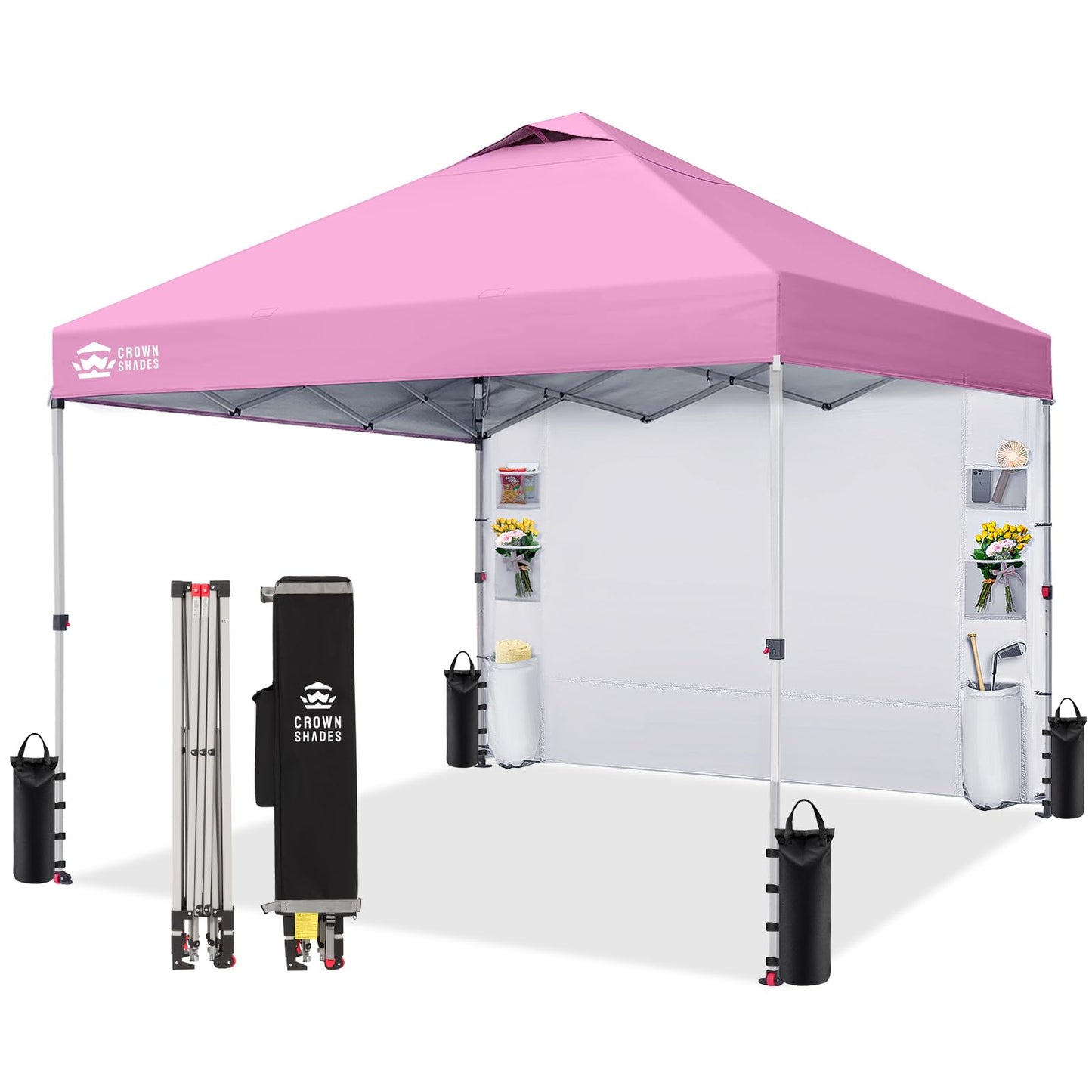CROWN SHADES Canopy Tent, 10 x 10 Foot Portable Pop Up Outdoor Shelter with Pocket Sidewall, Push Center Lock, UV Protection, and Carry Bag, Pink