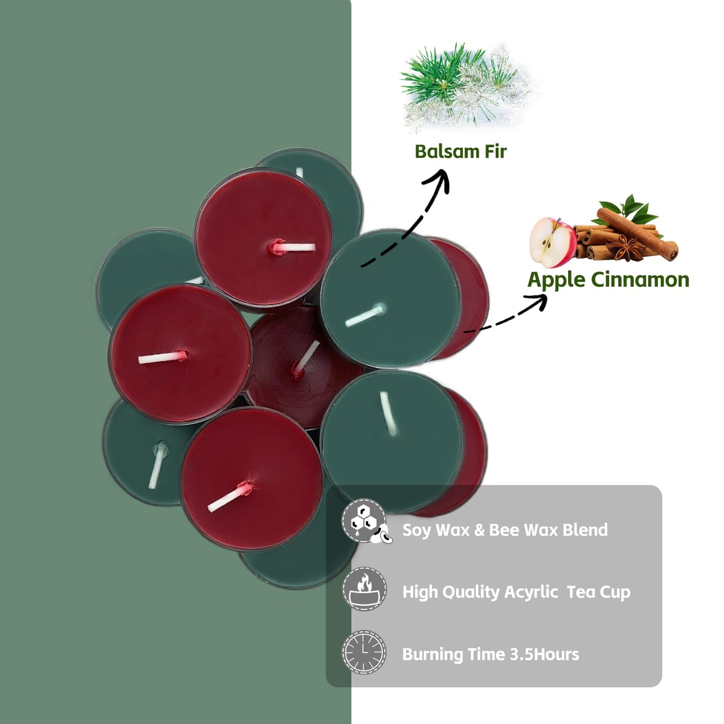 Christmas Scented Tealight Candles, Natural Soy & Bee Wax Blend, Christmas Colors: Red & Green; Apple Cinnamon & Balsam Fir Strong Scented, 3.5 Hour Burn Time, 16 Pcs by Kissingfish