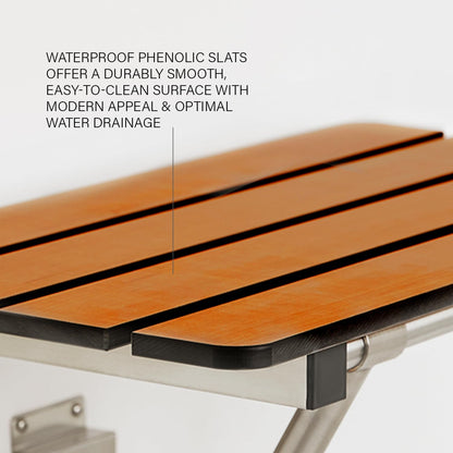 Seachrome 18-inch x 15-inch in ADA Folding Wall Mount Bathroom Shower Seat Bench, Teak Phenolic Seat