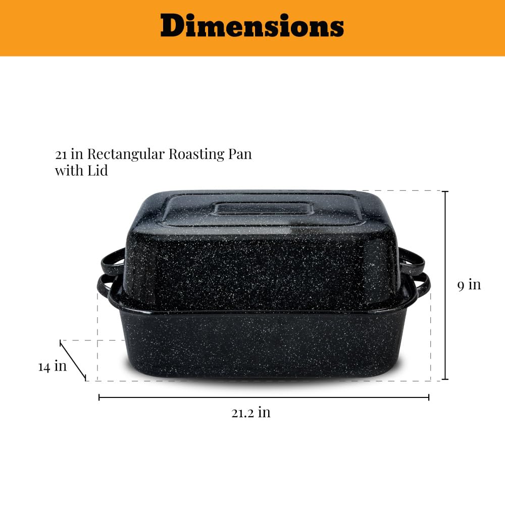 Granite Ware 25 lb Rectangular Roaster Set (10pcs), includes Lid, V-Rack, 2 pack brining bags, oven/grill-safe meat Thermometer, Turkey Baster with sylicon bulb, small brush