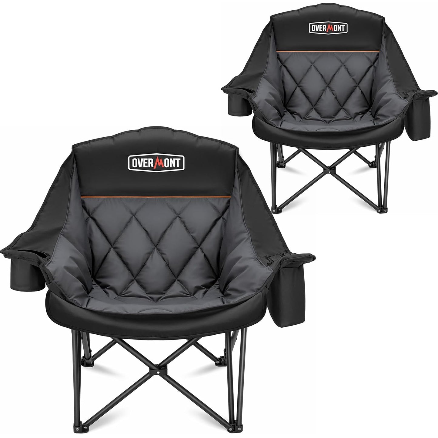 Overmont Oversized XL Camping Chair for Adults - 500lbs Support Heavy-Duty Padded Folding Chair with Side Pocket Cup Holder Cooling Bag for Outdoor Sports Garden Beach Fishing Lawn Black 2pcs