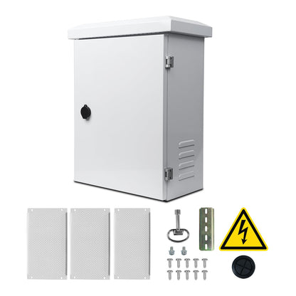 Metal Outdoor Enclosure with Rain Hood Electrical Box Weatherproof WiFi/Network Enclosure Breaker Box with Fan-Vent Design Cable Project Cabinet with Mounting Track Hole in Back 16X20X10