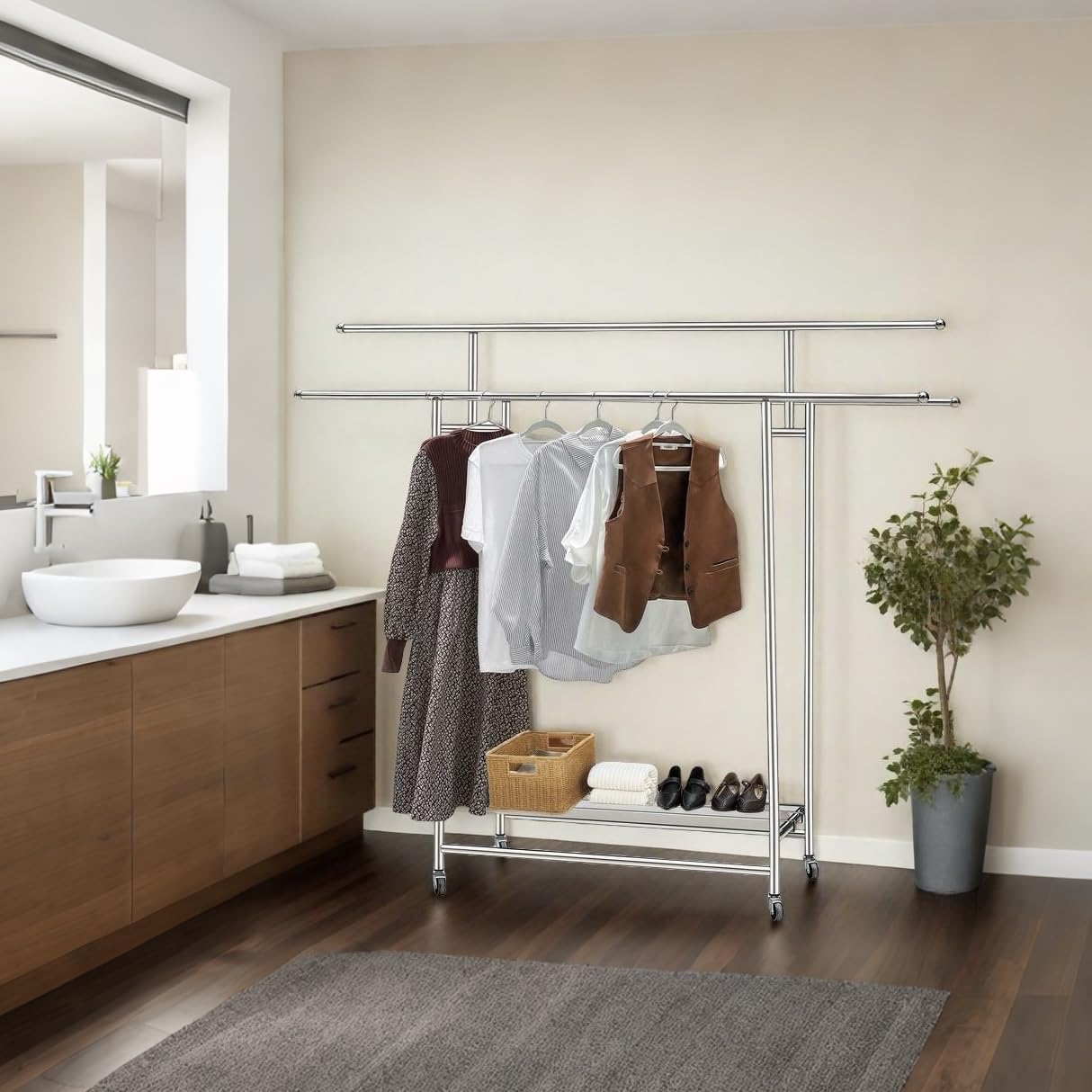 Roeveca Stainless Steel Clothes Rack, 3-Rod Garment Rack for Hanging Clothes with 4 Wheels Load 600 LBS