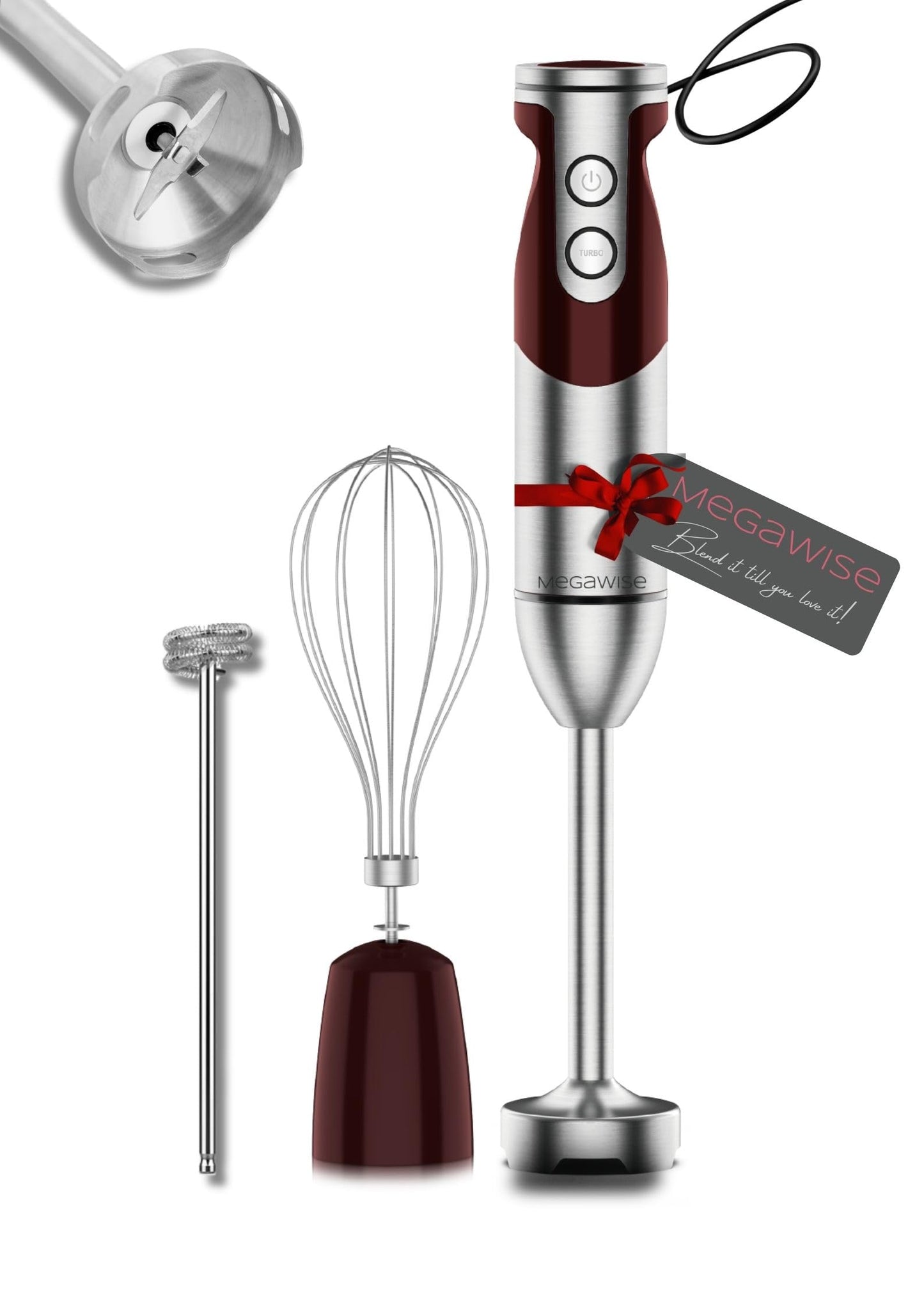 MegaWise Pro Titanium Reinforced 3-in-1 Immersion Corded Hand Blender, Powerful MOTOR with 80% Sharper Blades, 12-Speed Corded Blender, IncludingWhisk and Milk Frother (3-in 1 Red)