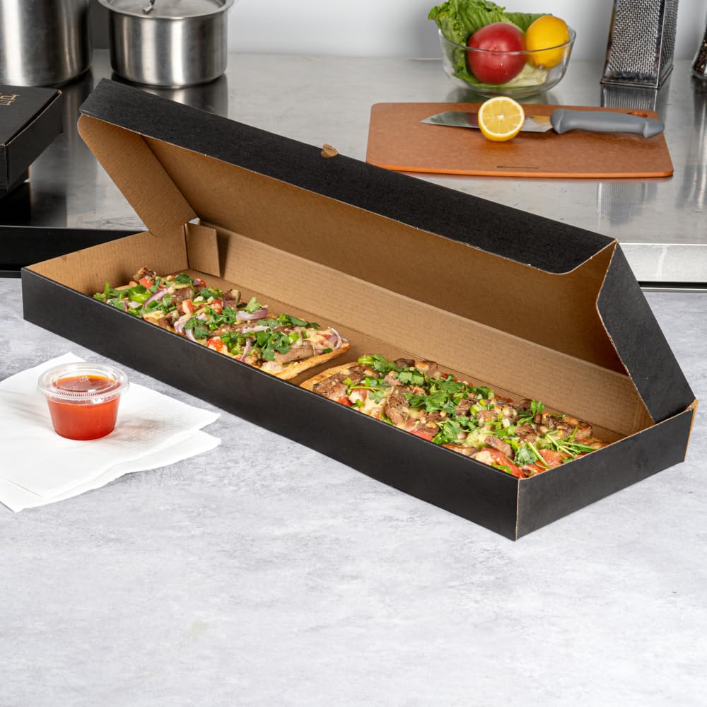 Restaurantware Eco Pie 24 x 12 x 2 Inch Flatbread Takeaway Boxes 50 Sturdy Corrugated Pizza Boxes - E-Flute Design Tab-lock System Black and Kraft Paper Pizza Boxes Disposable For Flatbreads