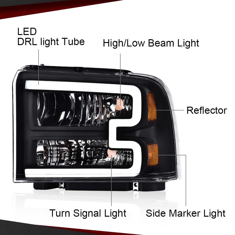 CHEDA LED DRL Headlights Assembly Compatible with 2005 2006 2007 Ford F250 F350 F450 F550 Super Duty bumper Headlamp（Clear lens Black Housing Amber Reflector） Faros Conjunto De Faros