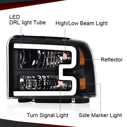 CHEDA LED DRL Headlights Assembly Compatible with 2005 2006 2007 Ford F250 F350 F450 F550 Super Duty bumper Headlamp（Clear lens Black Housing Amber Reflector） Faros Conjunto De Faros