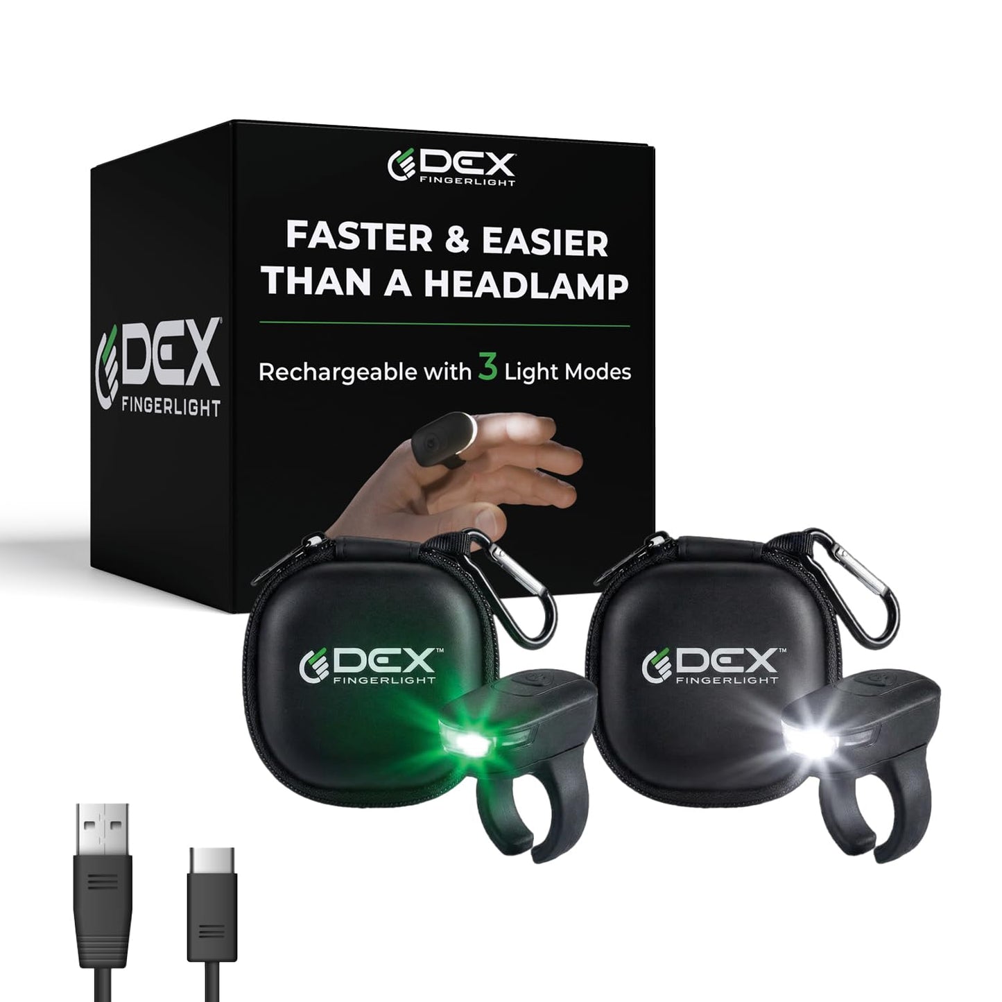 DEX FINGERLIGHT 2-Pack, High Tech Wearable LED Flashlight, Faster and Easier Than a Headlamp, Rechargeable, 3 Light Modes, Waterproof, One Size Fits Most, Black