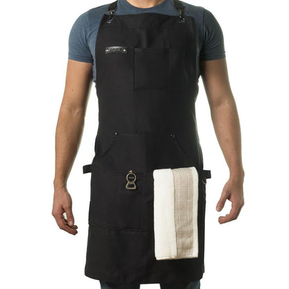 Asaya Chef & BBQ Apron with Pockets - Cross Back Canvas Cooking Apron for Women and Men, Adjustable Work & Grilling Aprons with Pocket, Bottle Opener and Hand Towel, 10oz Cotton Canvas (Black)