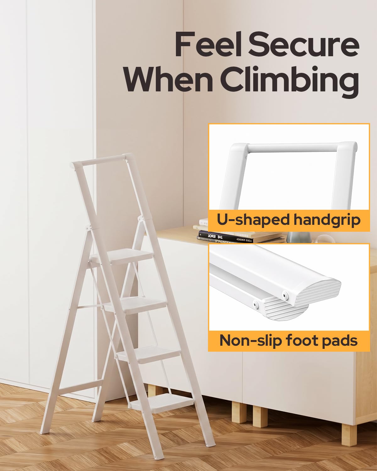 GameGem 5 Step Ladder for 10 Feet High Ceiling, Folding Step Stool Stepladders with Anti-Slip and Wide Pedal for Home and Kitchen Use Space Saving (White)