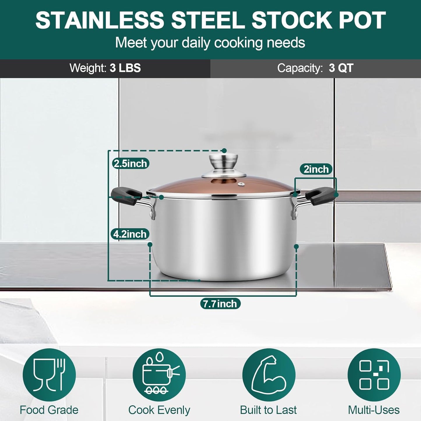 TeamFar 3 Quart Stock Pot, Stainless Steel Stock Pasta Soup Pot with Lid, Tempered Glass Lid & Double Heat-Proof Handles, Non-Toxic & Healthy, Heavy Duty & Dishwasher Safe