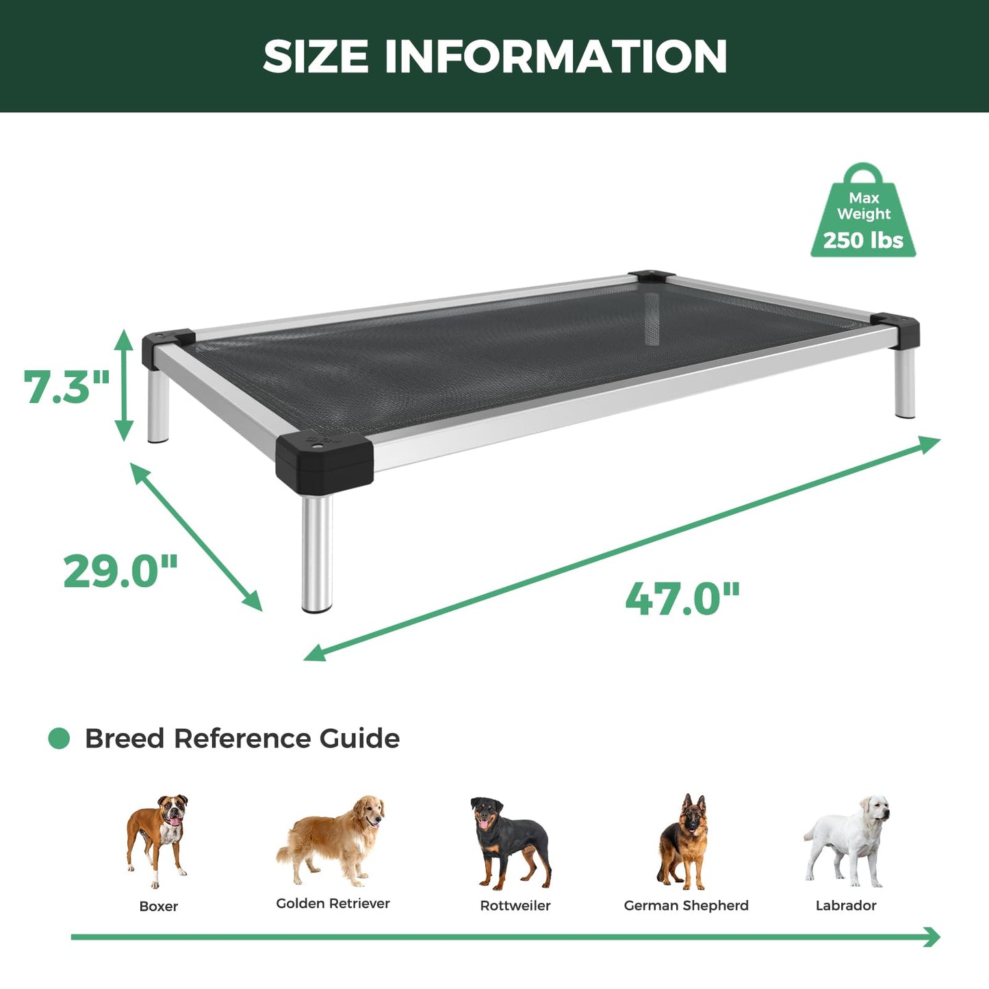FXW TitanNest Chew-Proof Elevated Dog Bed, Raised Cot for Indoor/Outdoor/Camping Use, Durable & Waterproof Cooling Pet Bed for Large Dogs, 47.0" L x 29.0" W x 7.3" H, Black