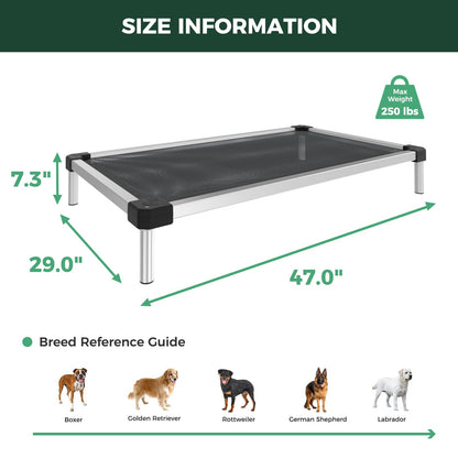 FXW TitanNest Chew-Proof Elevated Dog Bed, Raised Cot for Indoor/Outdoor/Camping Use, Durable & Waterproof Cooling Pet Bed for Large Dogs, 47.0" L x 29.0" W x 7.3" H, Black