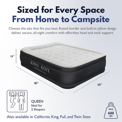 King Koil Luxury Pillow Top Plush Queen Air Mattress with High-Speed Built-in Pump, Blow Up Bed Top Side Flocking, Puncture Resistant, Double High Inflatable Airbed Guests & Travel 1-Year Warranty
