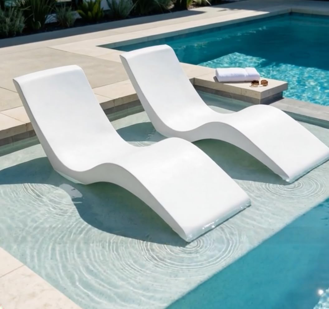 Aqua Outdoors Pool Chaise Lounge Chairs - Water-Weighted Lounger for Ledge & Shelf, Set of 2 in Classic White