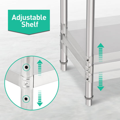 48x30 Inch Stainless Steel Prep Table, Heavy-Duty Commercial Work Table with Adjustable Undershelf for Restaurant, Kitchen & Home Use