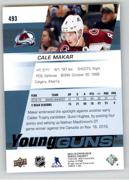 2024-25 Upper Deck Series Two Young Guns Renewed #493 Cale Makar Colorado Avalanche Official Hockey Card in Raw (NM or Better) Condition