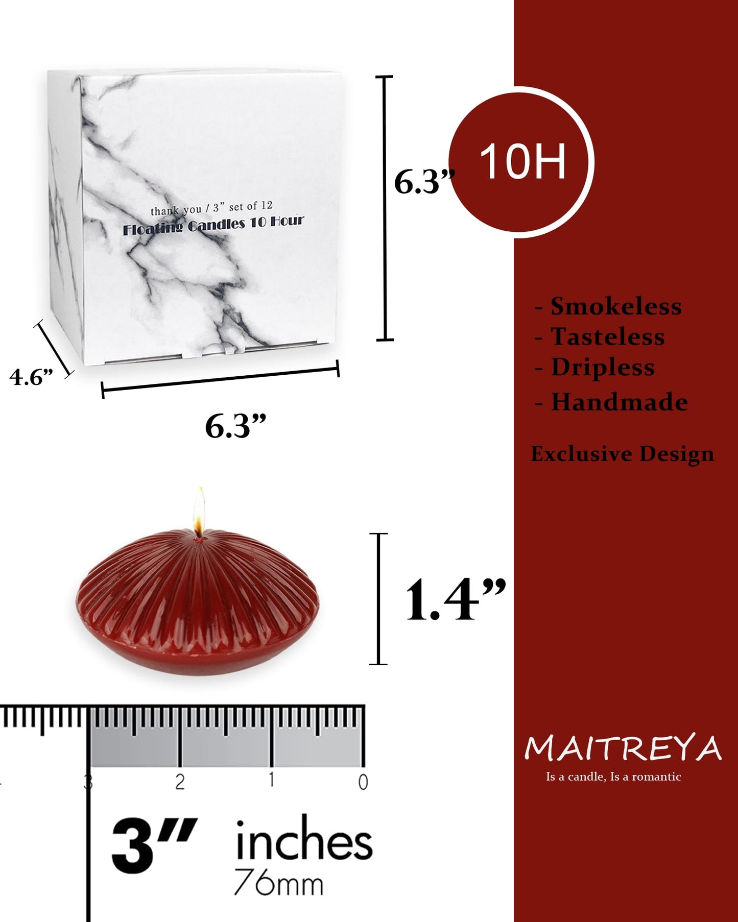 MAITREYA Red Large Floating Candles 3 Inch,Unscented Classic for Weddings,Parties,Special Occasions and Home Decorations,Set of 12