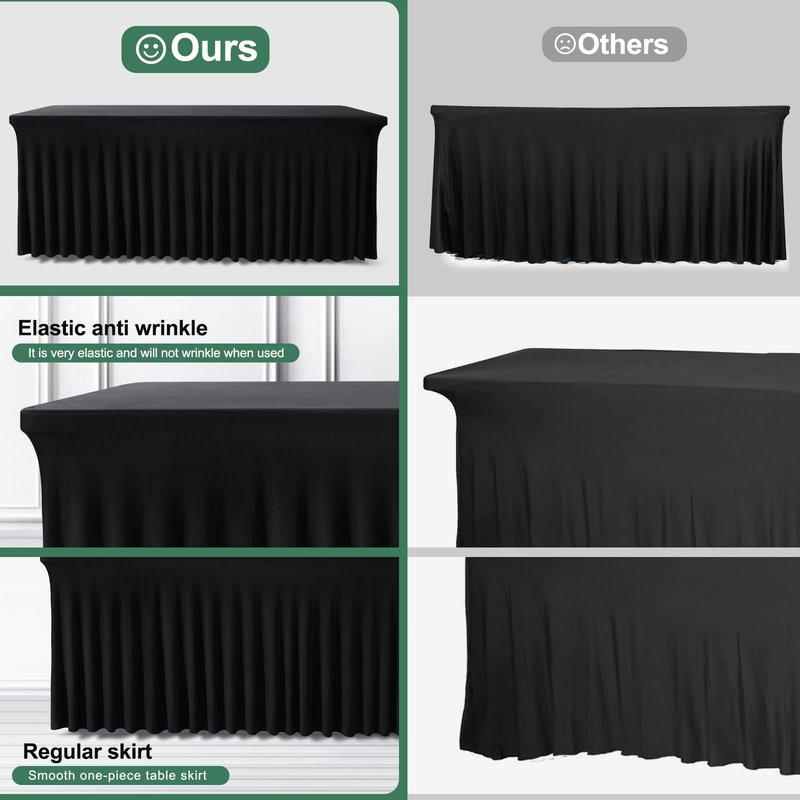 BDDC Table Skirts for Rectangle Tables 6ft - One-Piece Black Tablecloths and Skirt, Wrinkle Resistant Ruffles Elastic Cover for Banquets, Weddings, Events, Parties