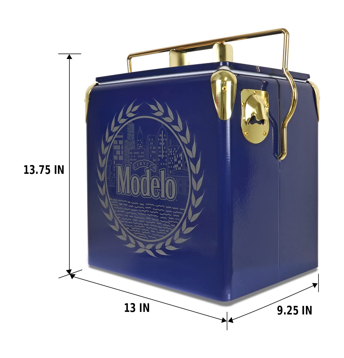 Modelo Retro Ice Chest Cooler with Bottle Opener 13L (14 qt), 18 Can Capacity, Blue and Gold, Vintage Style Ice Bucket for Camping, Beach, Picnic, RV, BBQs, Tailgating, Fishing