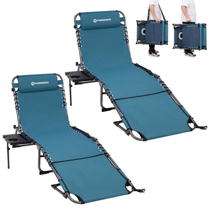 FUNDANGO 400lbs Tanning Chair with Face Hole & Canopy & Side Table, 5 Positions Beach Sunbathing Lounge Chair Facedown Chaise Lounge with Pillow for Pool Outdoor Camping Patio, Set of 2 Cyan