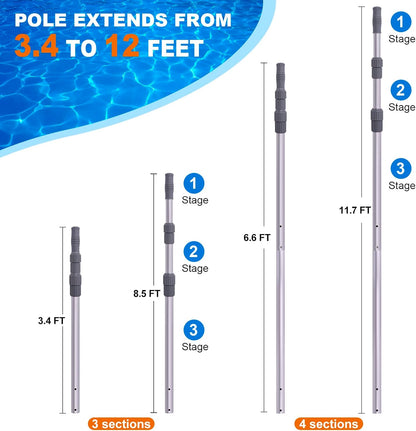 Sepetrel Pool Pole - 12-Foot Telescoping Cleaning Pole for Skimmer Net, Brush & Vacuum Head