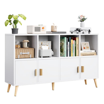 Flrrtenv 8-Cube Storage Organizer with Doors & 5 Solid Wood Legs, Mid-Century Modern Bookshelf with Seamless Top, Horizontal Cubby Toy Storage for Kids, Sideboard Media Console fits 11" Bins, White