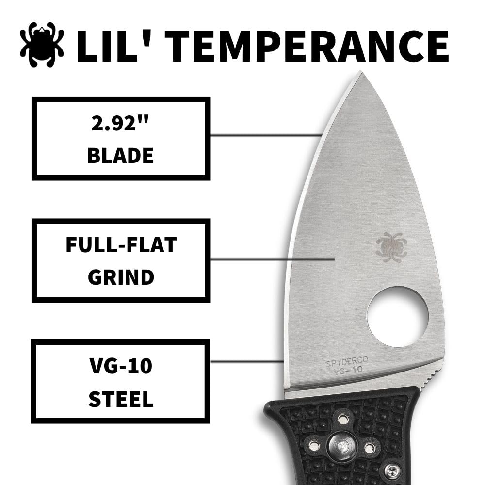 Spyderco Lil' Temperance 3 Lightweight Folding Pocket Knife with 2.9" VG-10 Steel Blade and FRN Handle - EDC Knife for Men and Women, Perfect for Hunting, Tactical, Camping - PlainEdge - C69PBK3