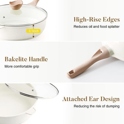 Kordisen Nonstick Ceramic Deep Frying Pan, 12 Inch Non Toxic Large Skillet with Lid, 5 Qt Healthy Jumbo Cooker, Saute Pan for Cooking, Induction Cookware, PFOA & PFAS Free (Cream)