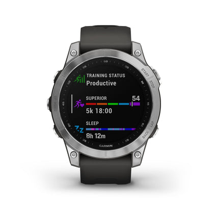 Garmin Fenix 7, Adventure smartwatch, Rugged Outdoor Watch with GPS, Touchscreen, Health and Wellness Features, Silver with Graphite Band - 010-02540-00