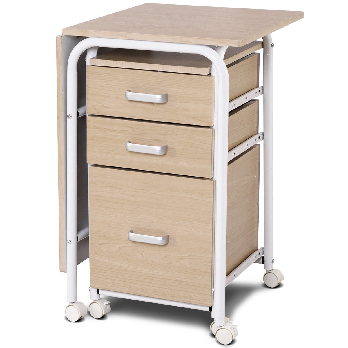 Tangkula Folding Computer Desk with 3 Drawers, Mobile Home Office Desk, Portable Laptop Desk Writing Table, Space Saving Compact Desk for Small Spaces, Dorm, Apartment