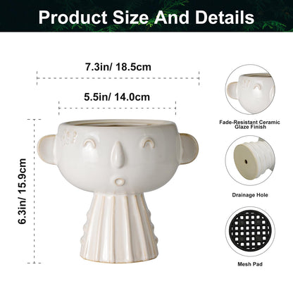 Fivepot Face Planter Pot 7 Inch - Cute Ceramic Flower Head Planter for Indoor Outdoor Succulent Pot with Drainage Hole Flower Pot Present for Mother Christmas White