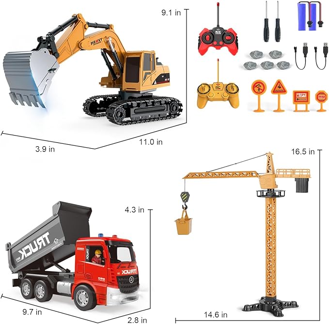 Remote Control Excavator and Dump Truck Toy Set - RC Excavator and Dump Truck with Lights and Sounds - Rechargable Digger Car Construction Vehicles Toy Set Gifts for Boys Kids