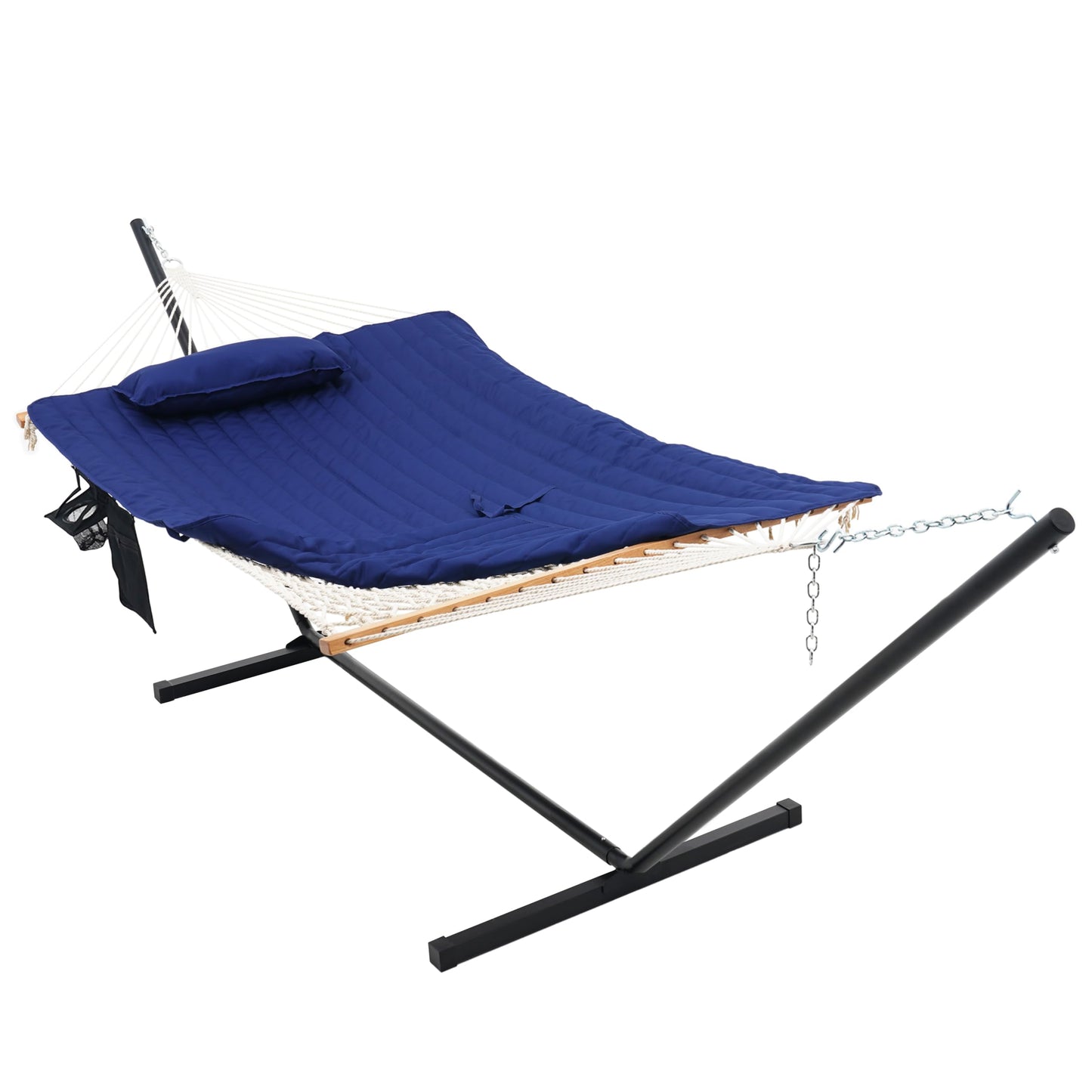 Lazy Daze Hammocks Double Hammock with 12 ft Steel Stand, 2 Person Cotton Rope Hammock with Quilted Pad, Spreader Bars, Detachable Pillow, Mag Bag & Cup Holder, Blue