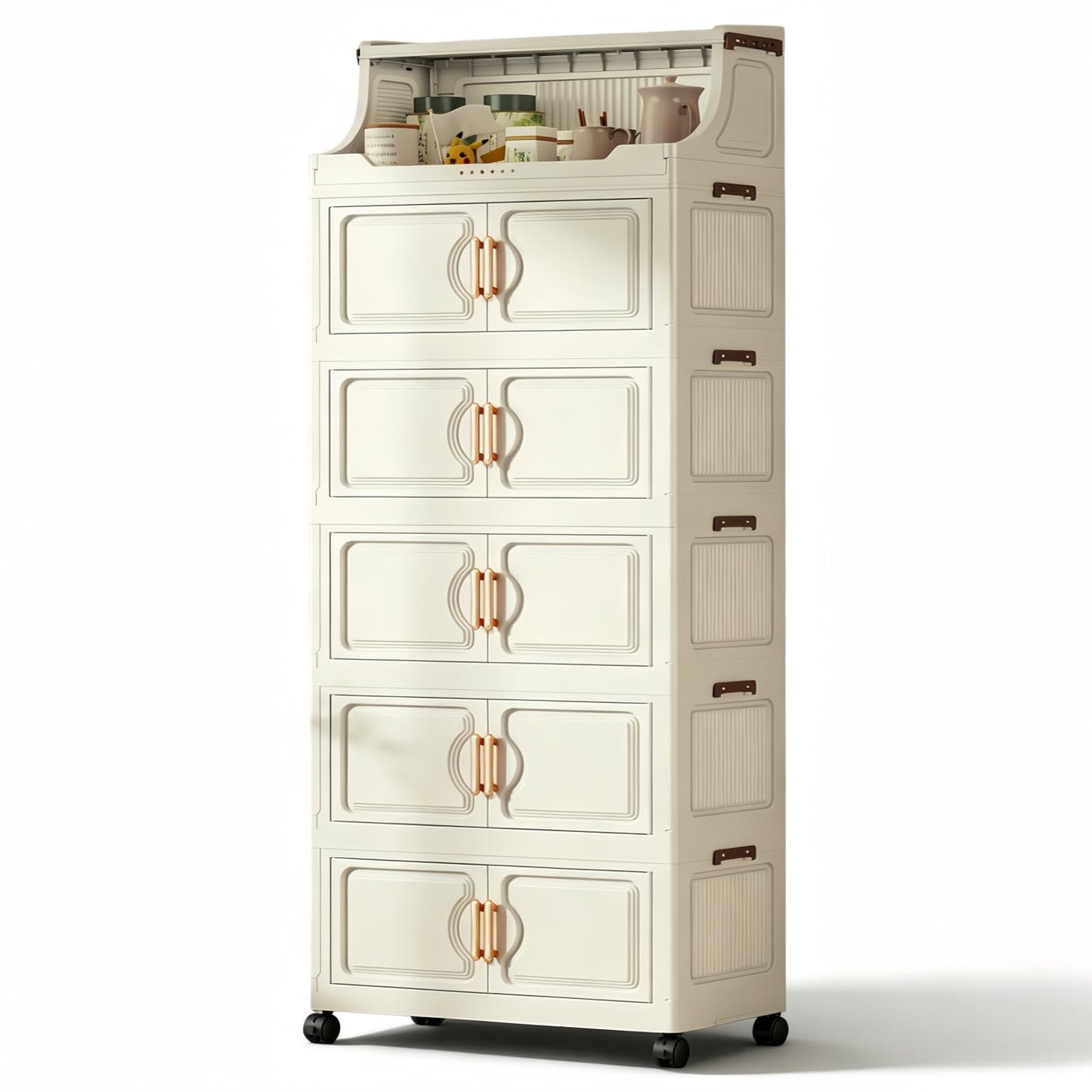 260QT Stackable Storage Bins with Lids & Rack, 6 Tier Large Capacity Foldable Storage Cabinet, Clear Collapsible Pantry Organizer for Home, Kitchen, Bathroom, Dorm, Office, White