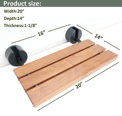 DIYHD 20" Premium Burmese Teak Wood Folding Shower Seat,Black Wall Mounted Folding Bench, Solid Teak Wood with Stainless Steel Bars, 330 lbs Capacity, 14” W x 20” D, Fits 16” Stud Spacing