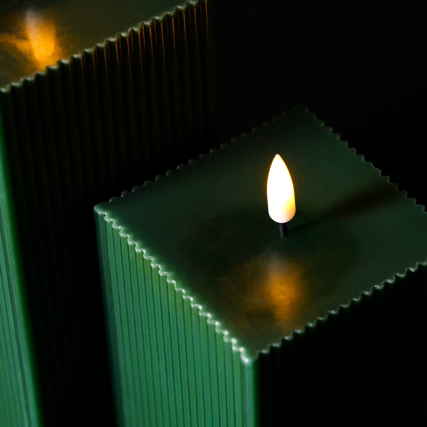 Girimax Dark Green Ribbed Flameless Candles with Remote, Battery Operated LED Square Candles Set of 2 Φ 3" H 4" 6"