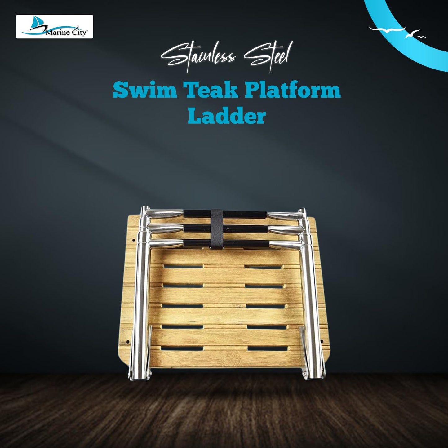 MARINE CITY Stainless Steel Swim Teak Platform Boat Ladder, Low Maintenance Ideal for Marines, Boats, Ships, Yachts (Teak I/B (3 Steps))