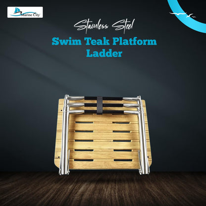 MARINE CITY Stainless Steel Swim Teak Platform Boat Ladder, Low Maintenance Ideal for Marines, Boats, Ships, Yachts (Teak I/B (3 Steps))