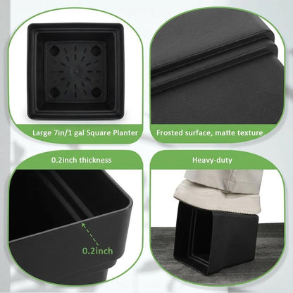 RooTrimmer 6-Pack 7'' Square Planters with Built-in Drainage Tray – Heavy-Duty Black Plastic Planter with Drainage Hole and Bottom Stopper, BPA-Free Plant Pots Matte Finish for Indoor Outdoor