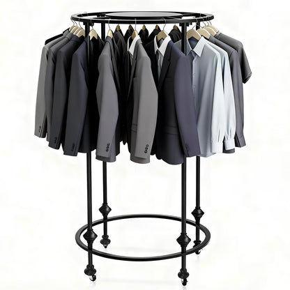 Round Garment Racks for Hanging Clothes, Portable Rolling Floor Standing Wardrobe Rack with Topper, Rotate 360 °Clothing Racks for Bedroom, Clothing Store, Dance Hall (Black, 27.5 inches x 51 inches)