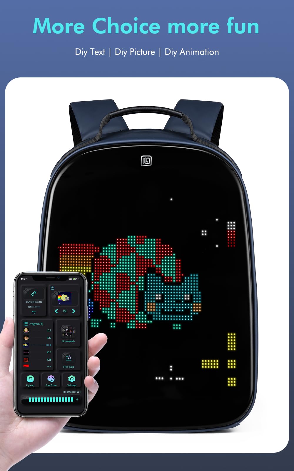 Gelrova LuminaPack X1 LED Backpack with Customizable Display, Expandable 20L to 25L, 15.6 Inch Laptop Compartment, Anti-Theft Design, Lightweight Hard Shell for Travel