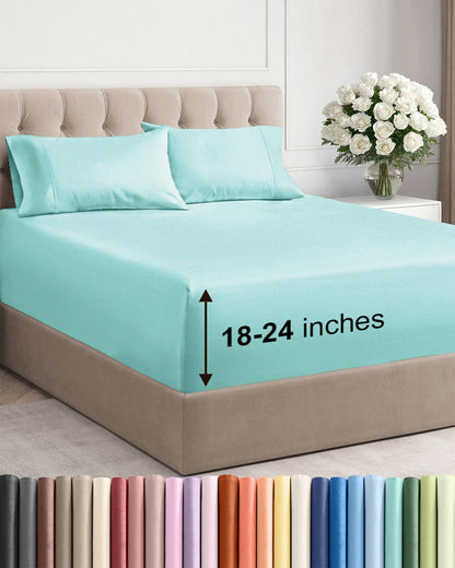 Skiennix Extra Deep Twin Sheet Set - 4 Piece Breathable Cooling Bedding - Soft Wrinkle-Free Spa Blue