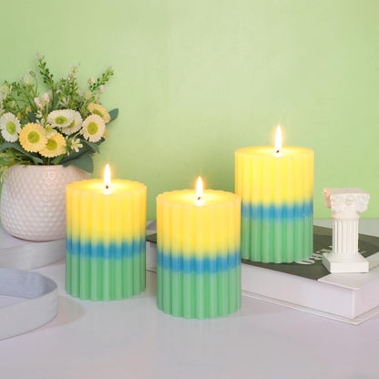 FLAVCHARM Ribbed Pillar Candles 3x4 Inch Lemon Scented Candles Long Lasting Burn Dripless Striped Pillar Candle 3 Pack Aesthetics Aromatherapy Candle for Home Party Summer Decoration Housewarming Gift