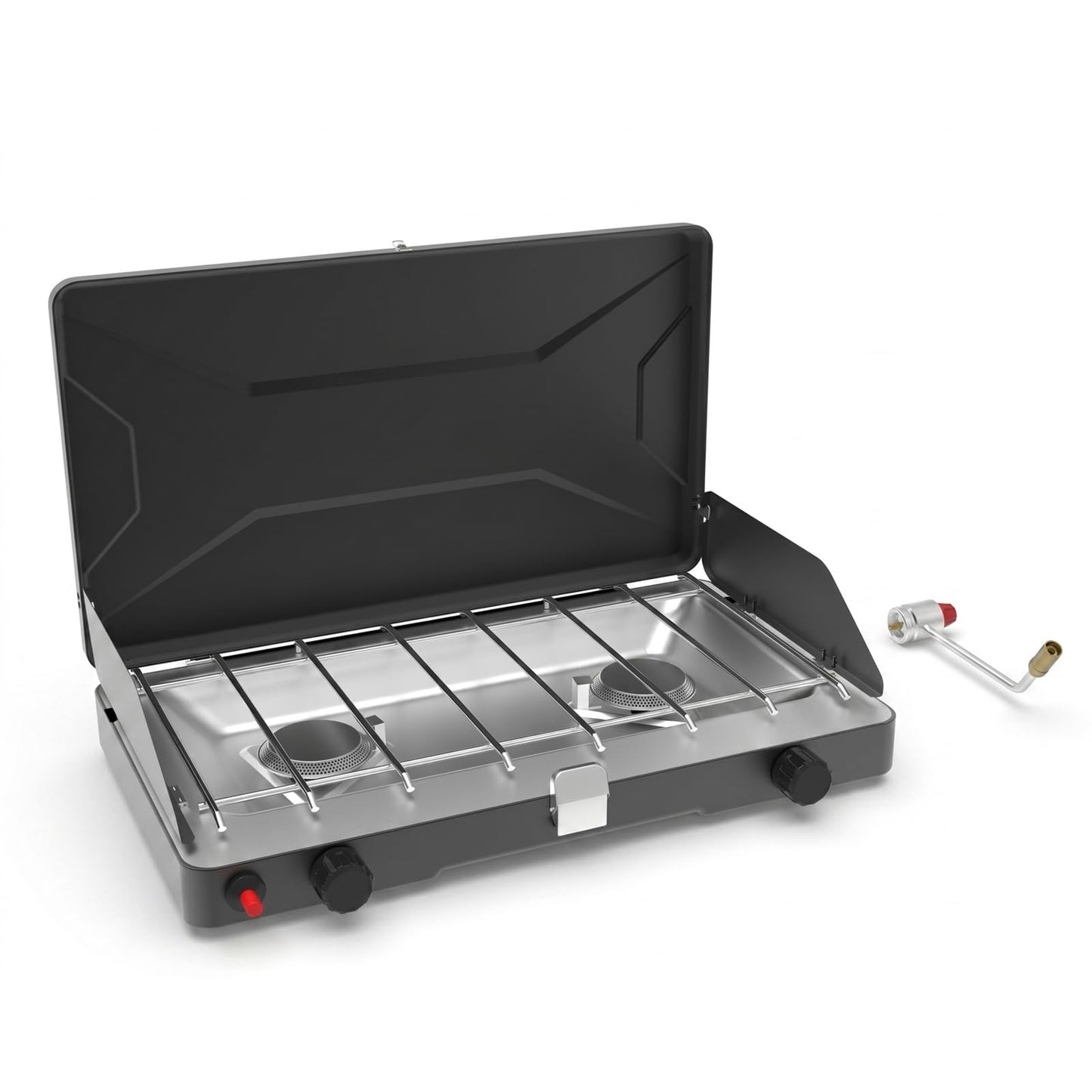 Portable Camping Stove, Propane Gas Camping Cooktop, 2 Burner, 20000 BTUs, Windscreen, Instant Ignition with Adjustable Burners Pressure Regulator for Camping Cooker BBQ Tailgating RV (Black)