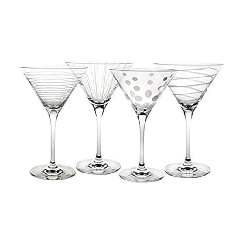Mikasa Cheers 10-Ounce Martini Glasses, Fun Etched Designs, Durable Clear Glass Cocktail Glassware, Set of 4, Perfect for Entertaining and Gifting