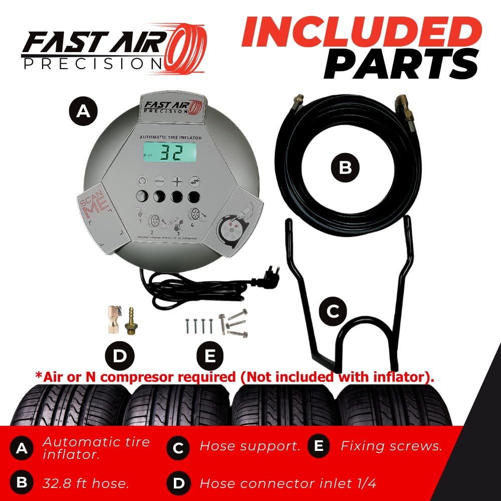 Fast Air Precision Automatic Tire Inflator Wall Mountable Pressure Gauge LCD Display for All Vehicule an Truck Tires Heavy Duty Use, for Dealerships, Garages, Tire Shops and More.