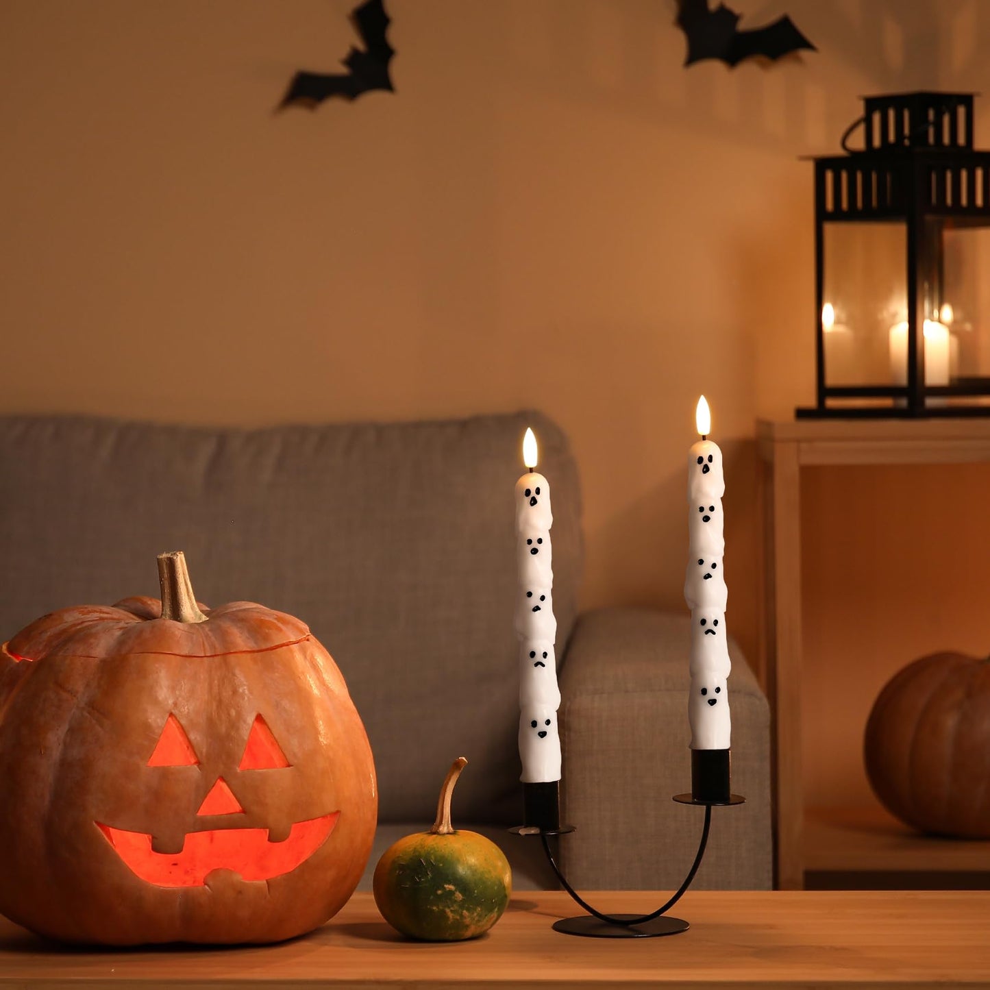Girimax White Ghost Halloween Flameless Taper Candles with Remote, Spooky LED Wax Candlesticks Battery Operated Flickering, Set of 4
